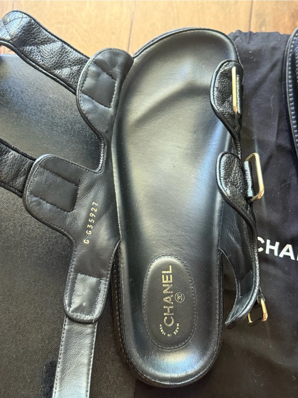 CHANEL Grained Calfskin Quilted Leather Velcro Dad Sandals 37 Black - AUTHENTIC